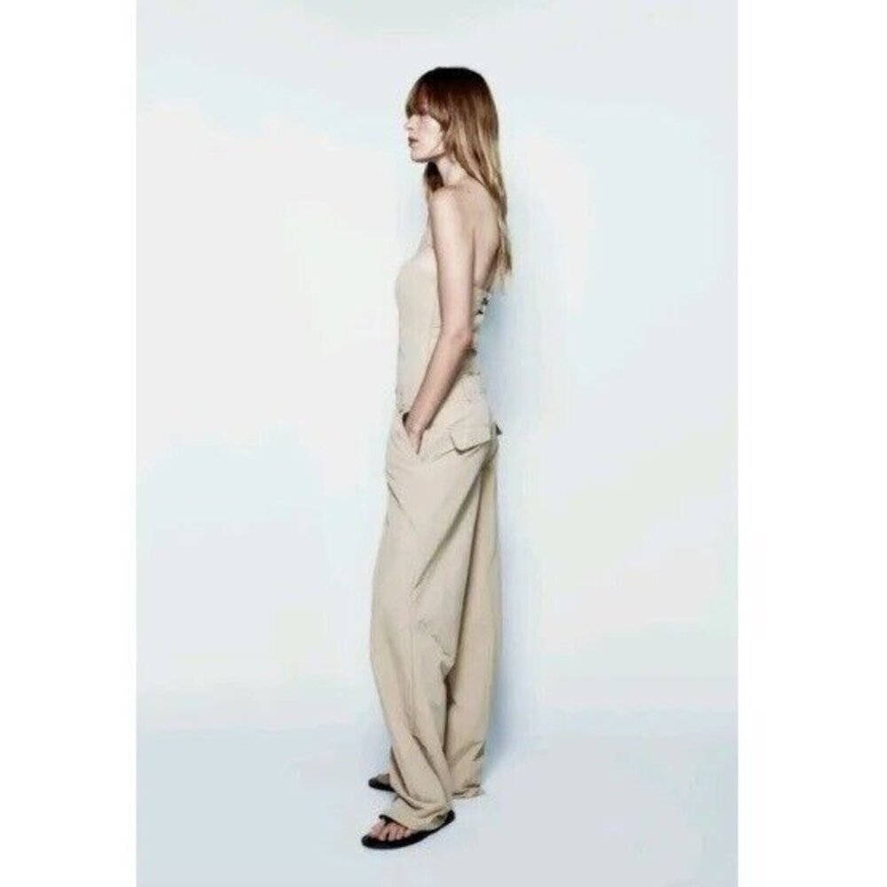 Zara Khaki Cargo Strapless Jumpsuit - Picture 5 of 9
